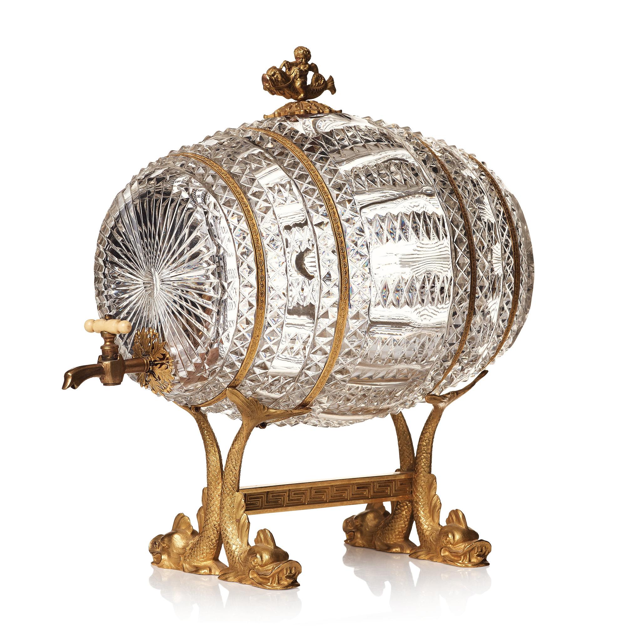 A Empire ormolu-mounted cut glass wine barrel.