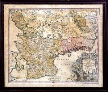 Johann Baptist Homann,  map "Nova Tabula Scaniae, quae est Gothia Australis Provincias Scaniam, Hallandiam, et Blekingia.