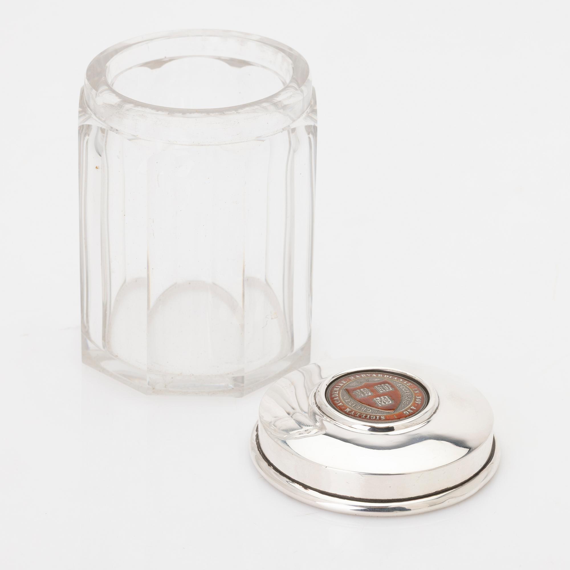 Lidded jar, sterling silver and glass, Howard & Co, New York, 1895.