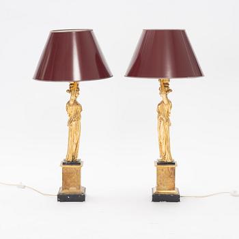 A pair of metal Empire style table lights, late 20th Century.