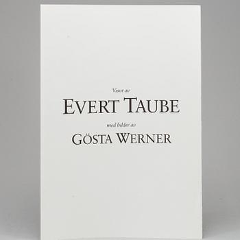 GÖSTA WERNER, 1 KASSETT, "Visor av Evert Taube med bilder av Gösta Werner", ca 61 litografier, signerade.