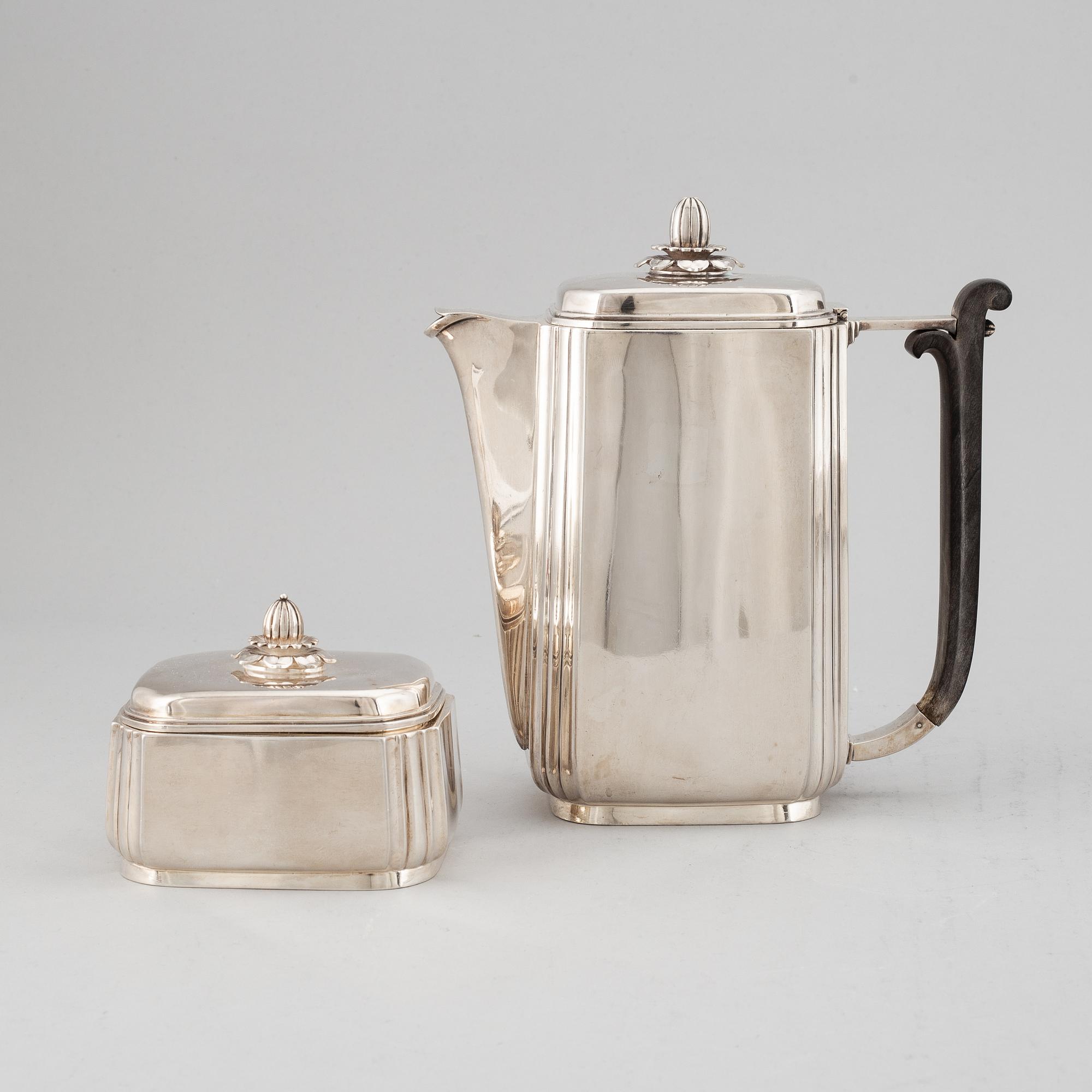 Borgila, kaffekanna och sockerskrin, silver 925/1000, Stockholm 1954.