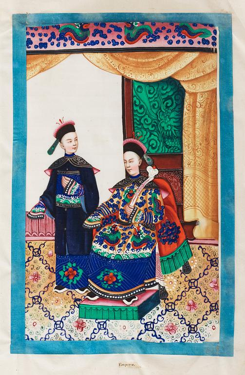 Album comprising 12 export gouaches on pith paper, portraying the Chinese court, Qing dynasty, late 19th Century.