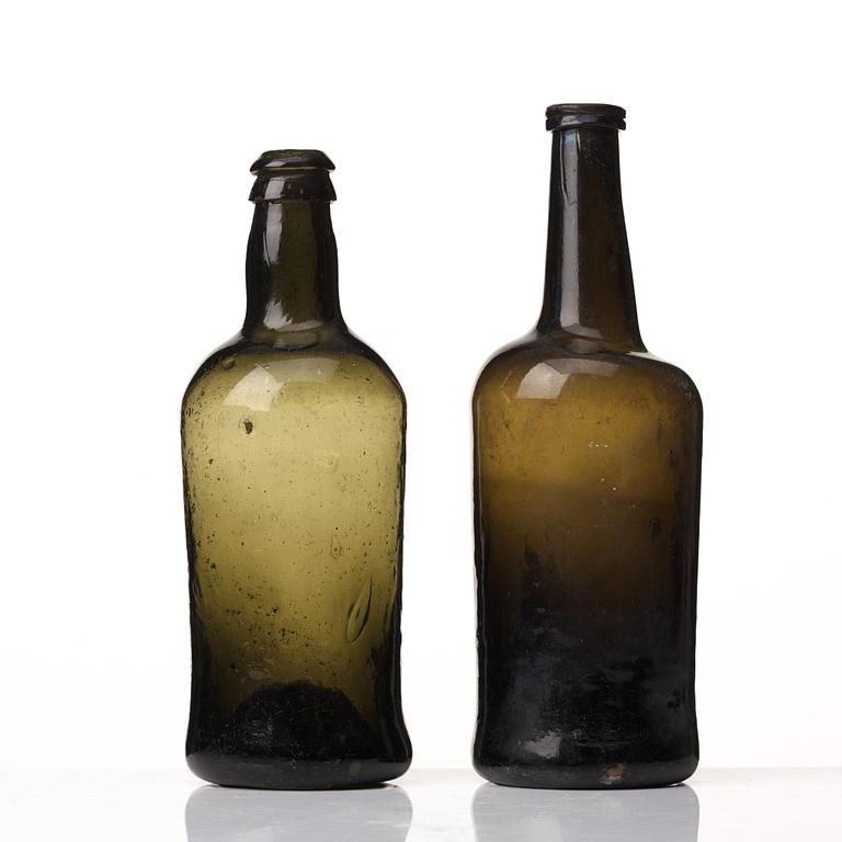 Two green glass bottles, 18th/19th Century.