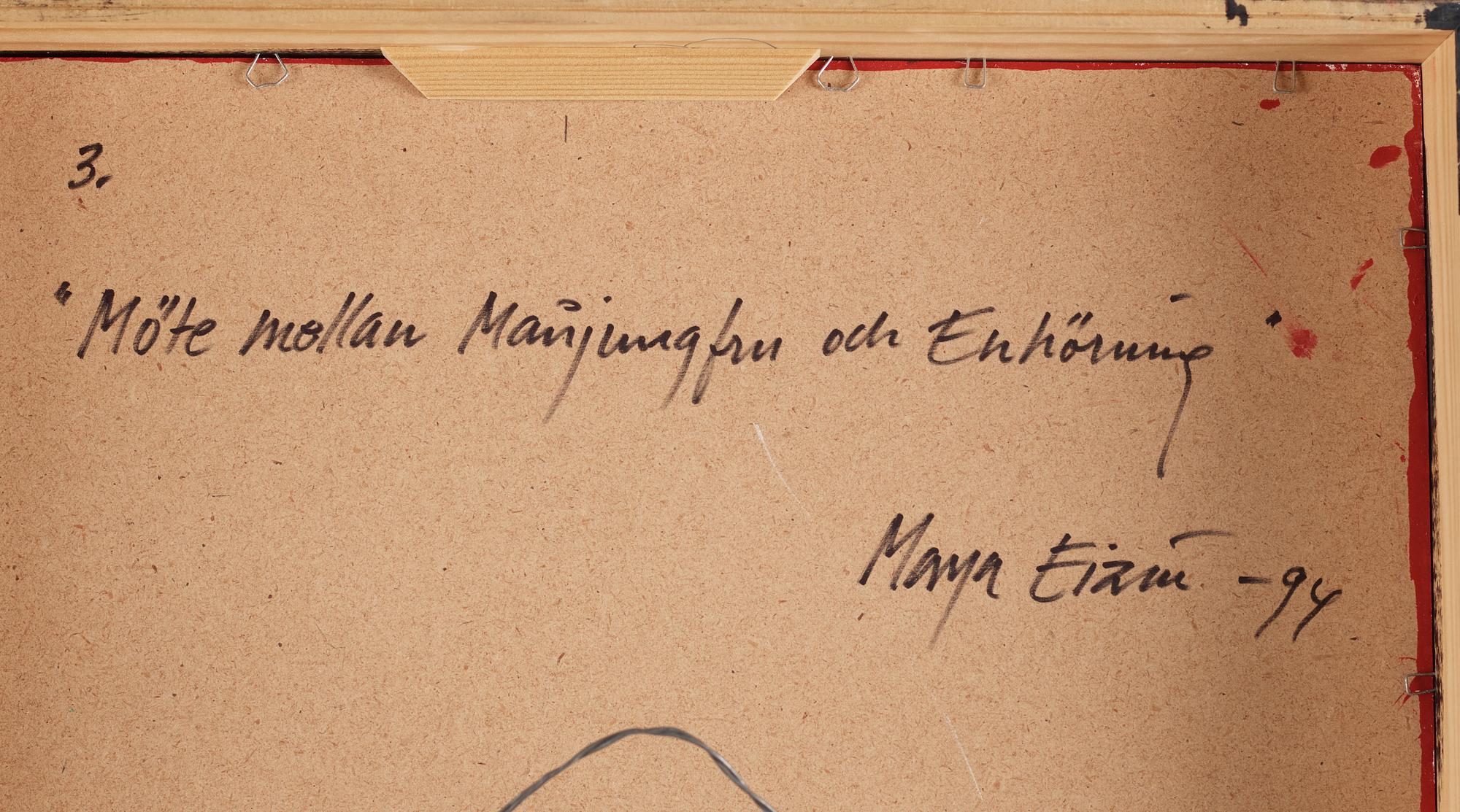Maya Eizin Öijer, signerad Maya Eizén och daterad -94 a tergo. Pannå.