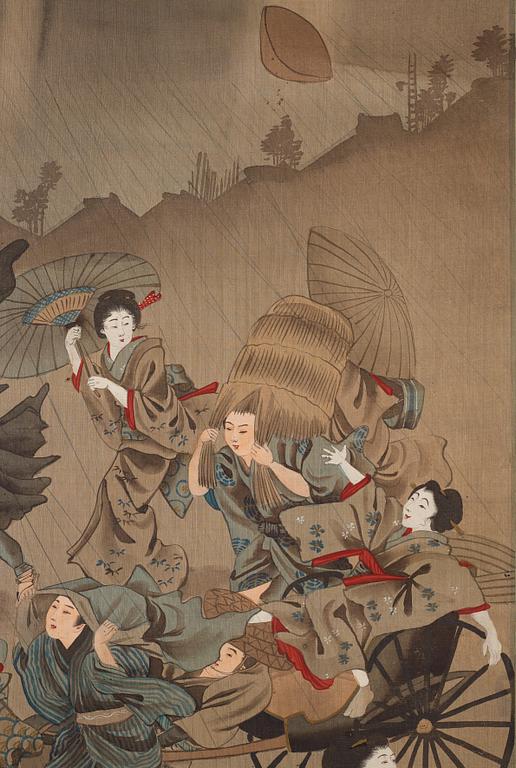 RULLMÅLNINGAR, sex stycken, tusch och färg på papper. Japan, Meiji (1868-1912).