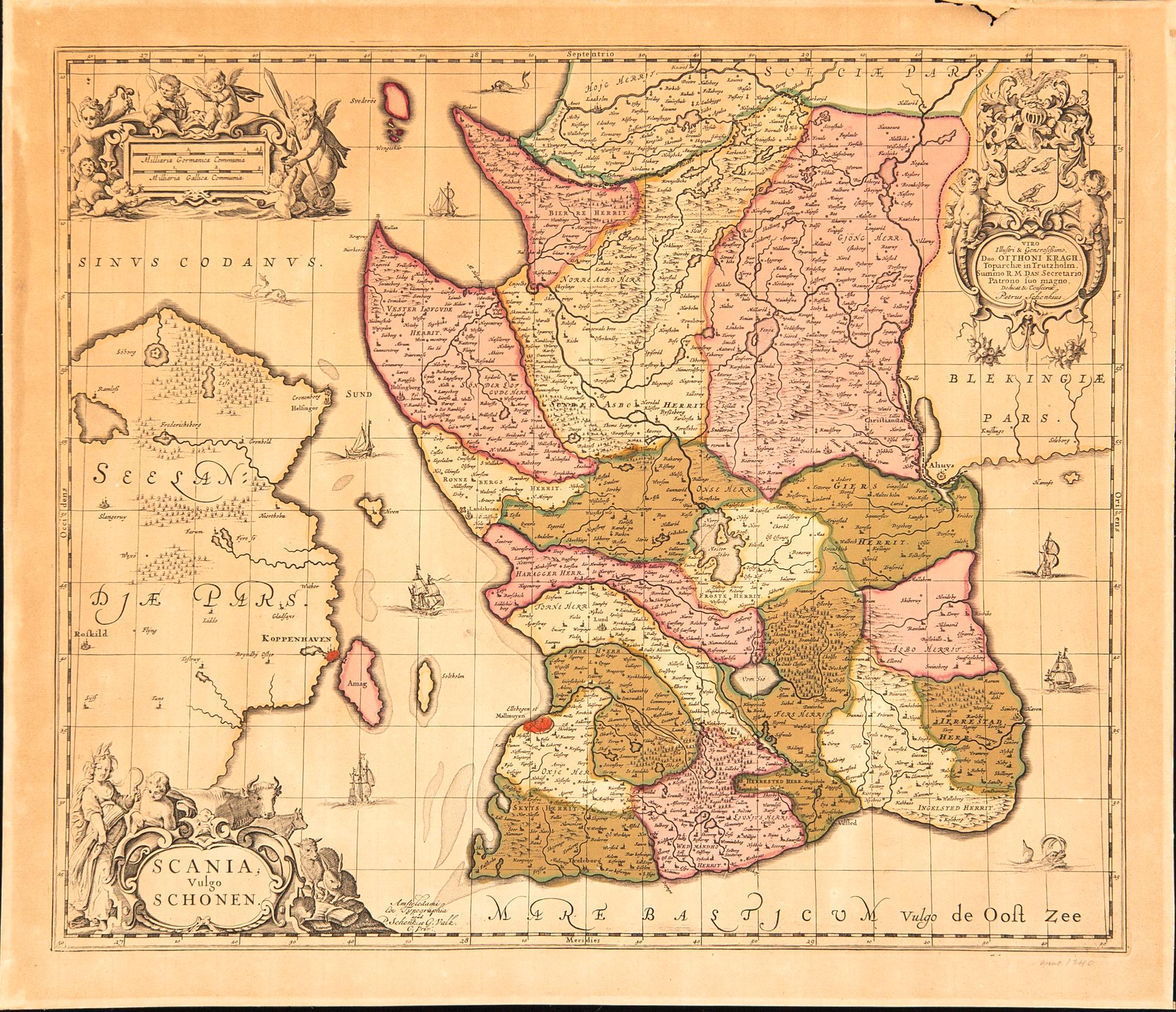 Johannes Janssonius, after, map Scania Sweden, hand colored copper engraving.