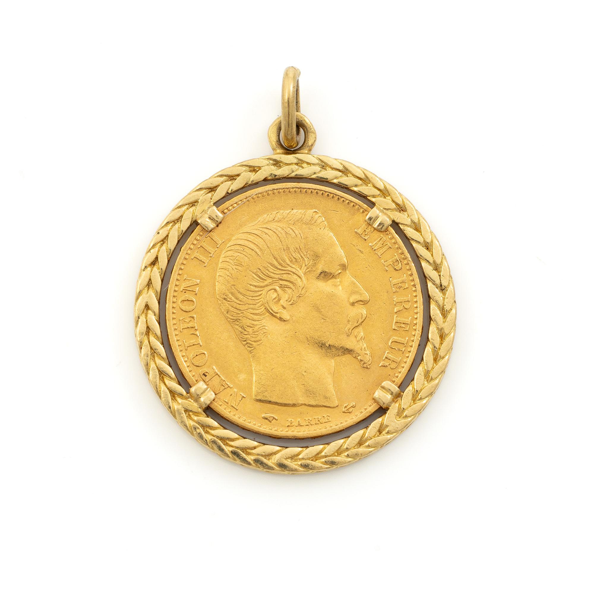 Gold coin, France, Napoleon III, 20 Francs, 1858, set in an 18-carat gold surround.