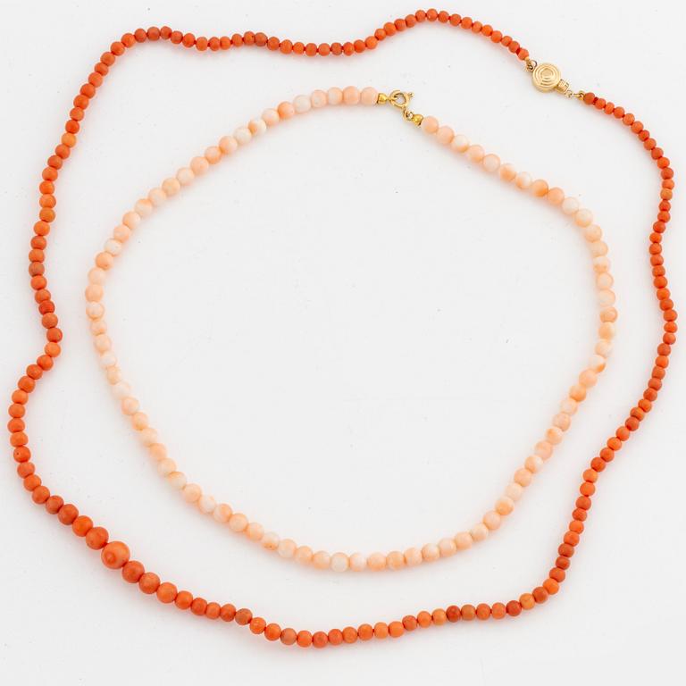 Two coral bead necklaces, clasp gold.