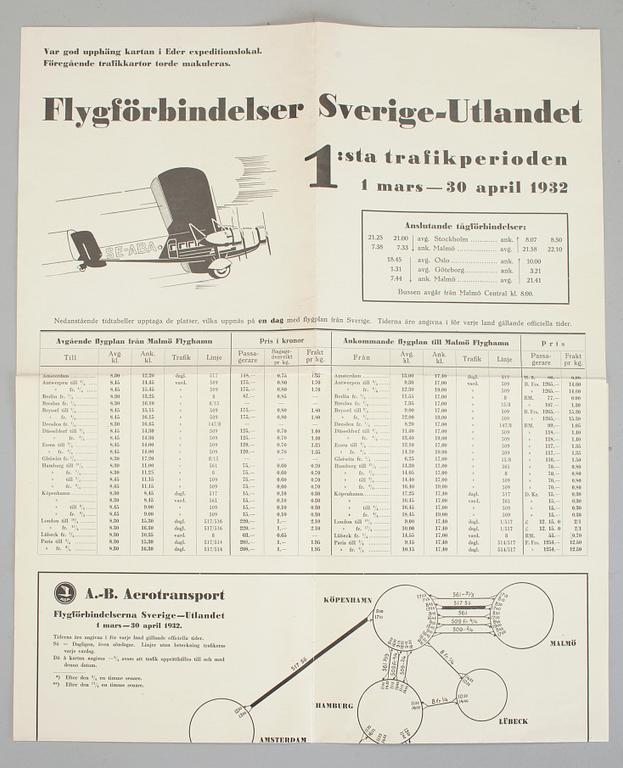 FLYGMEMORABILIA, 8 delar, vykort, flygkartor, tabellaffischer ABA, 1910-tal till 1930-40-tal.