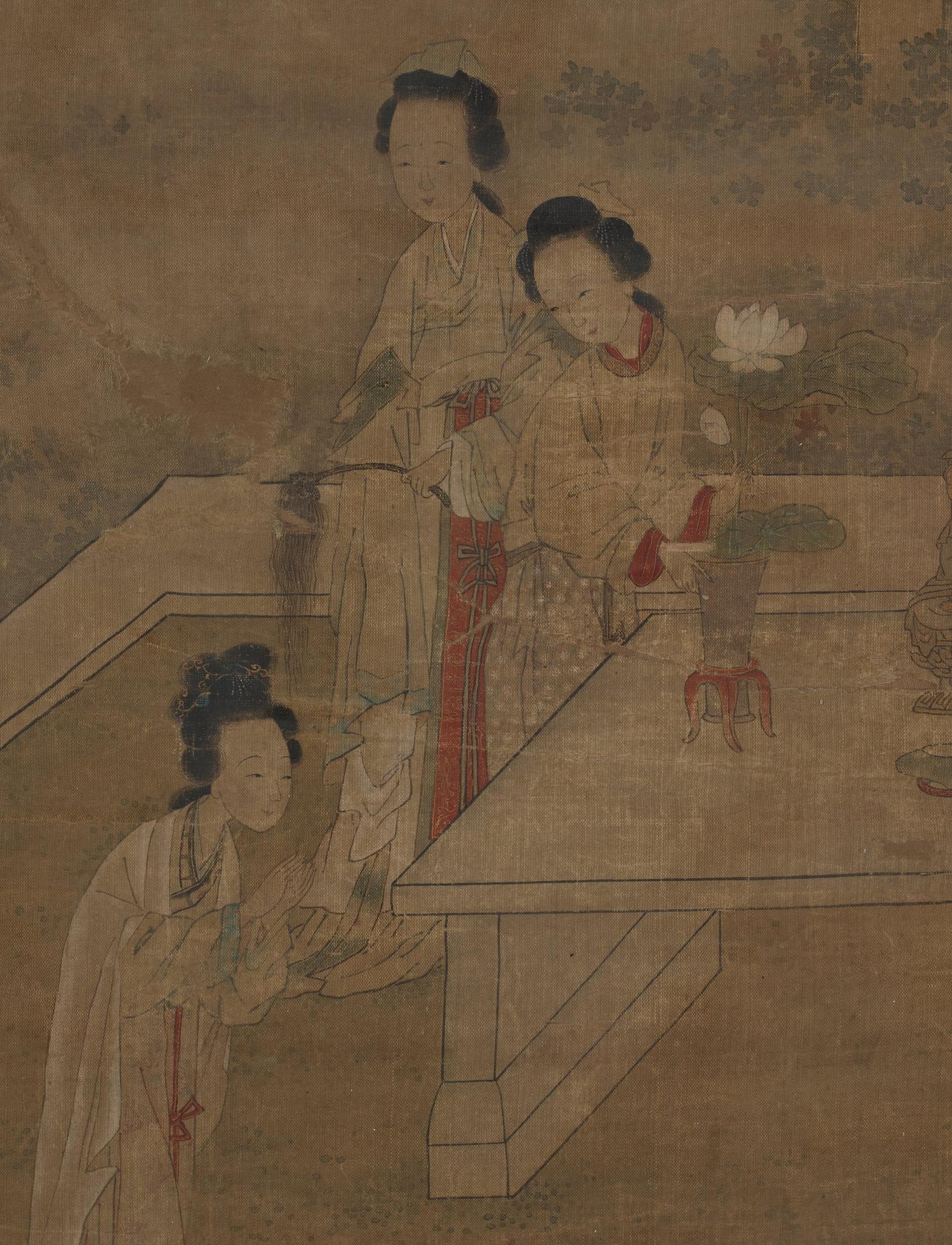 Gu Jianlong, In the manner of the artist, Elegant ladies of the court with antiques and precious objects in a garden.