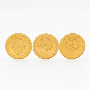 Gold coins, 3 pieces, 4 florins/10 francs, Austria 1892.