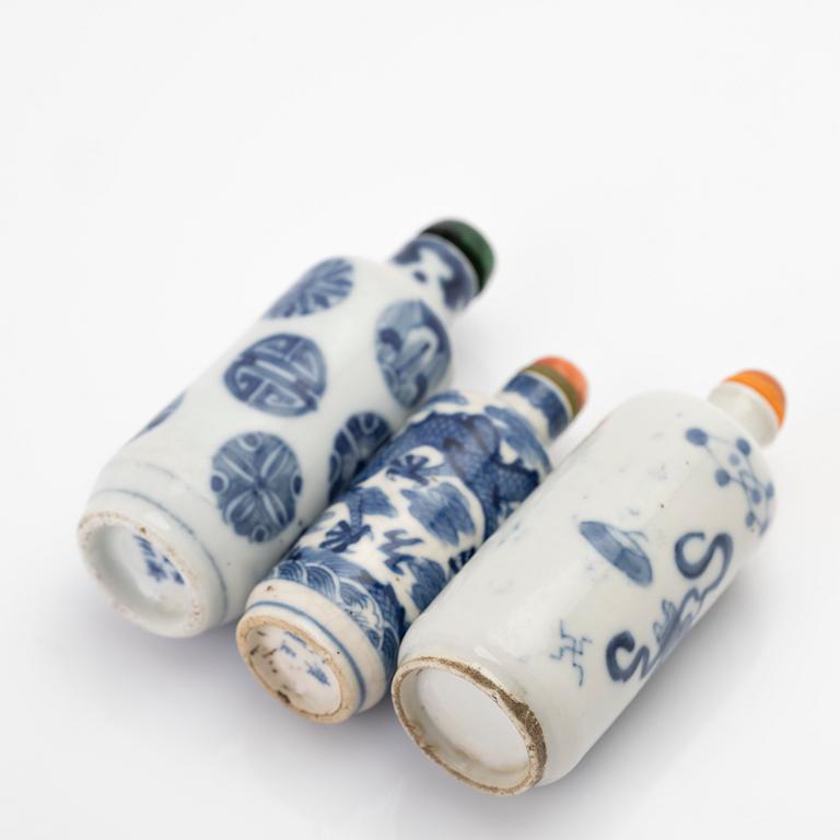 Snuff bottles, 3, porcelain, China, early 20th century.