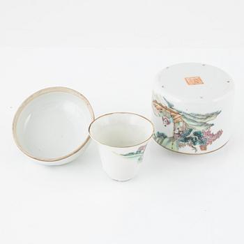 Box with lid, cup with lid, and bowl, porcelain, China, late Qing Dynasty, late 19th century.