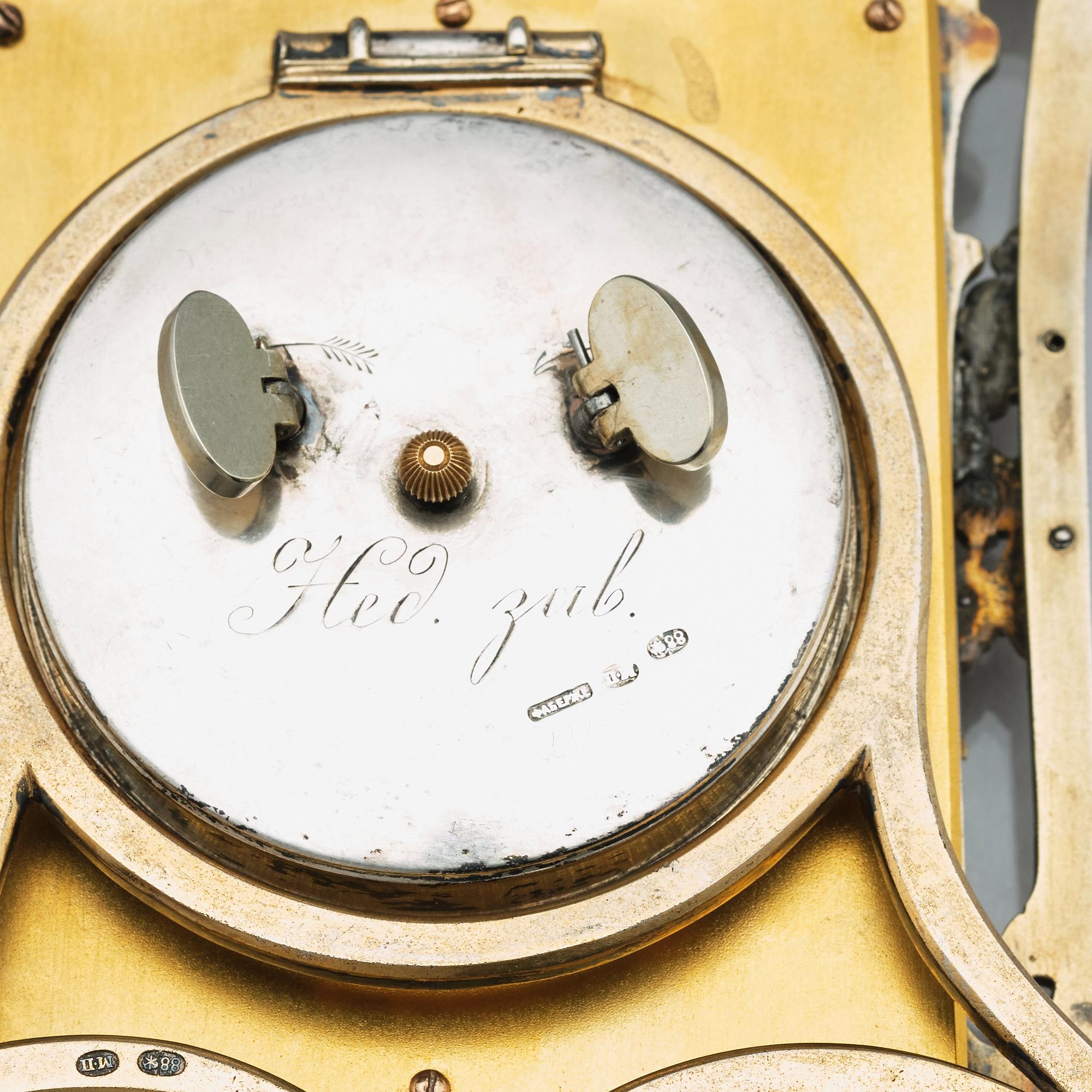 A Fabergé, Nobel family, jewelled, silver-gilt, guilloché enamel desk clock, workmaster Michael Perchin, St Petersburg.
