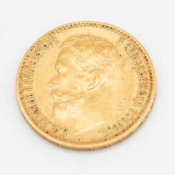 Two Russian 5 Rubel 21K gold coins, Nicolas II, 1898.