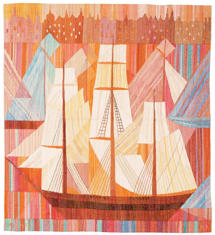 TAPESTRY. "Strandvägsskuta". Tapestry weave variant (gobelängvariant). 104,5 x 95 cm. Signed AB MMF MR.