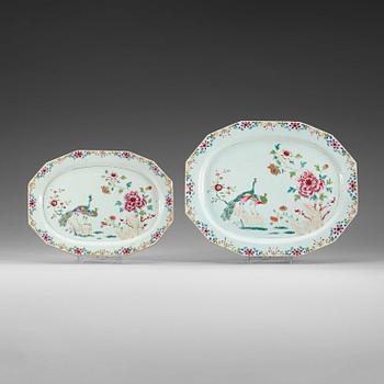 Two famille rose 'double peacock' serving dishes, Qing dynasty, Qianlong (1736-95).