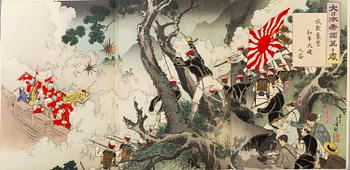 TRIPTYKER, två st, färgträsnitt, Japan, "Rysk-japanska kriget".