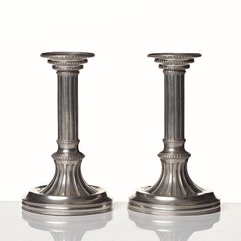 A pair of Gustavian pewter candlesticks by R Ryman 1784.