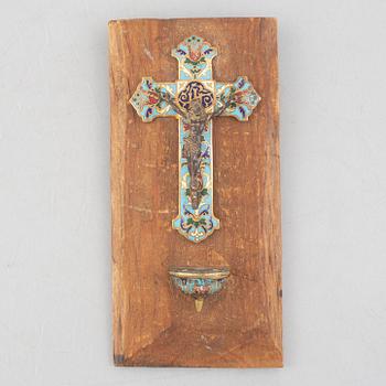 Crucifix with holy water font, brass and enamel, 20th Century.