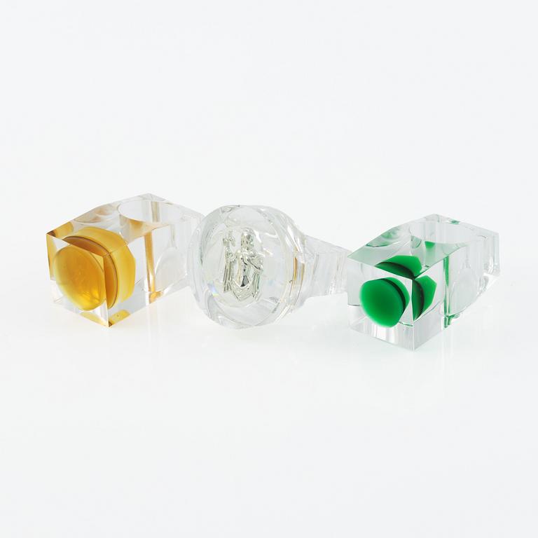 Siv Lagerström, three rings, and three sculptures, acrylic plastic, 1970s.