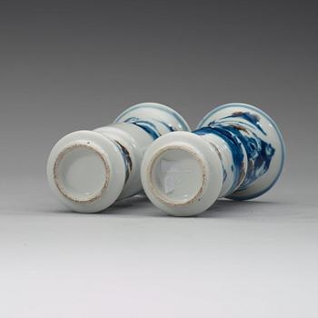 A pair of blue and white with red miniature vases, late Qing dynasty.