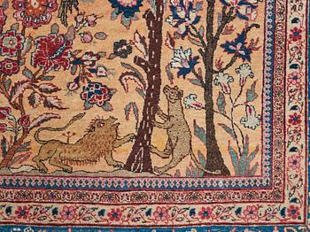 A carpet, an antique/a semi-antique Tabriz figural, ca 297,5-302 x 206,5-211 cm, signerad Sherkate Bargh.