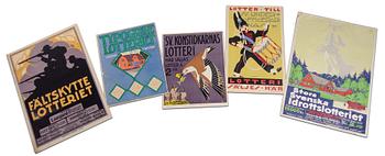 AFFISCHER, 5 st, tryck, lotteriplanscher bla "Fältskyttelotteriet", 1910-tal.