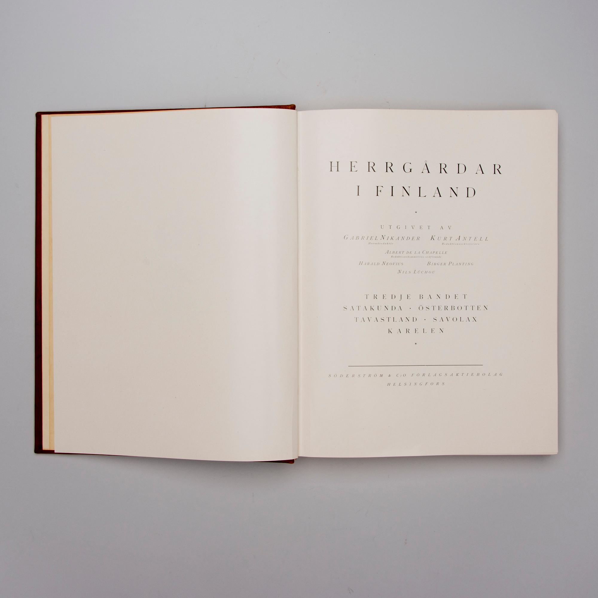 BOKVERK, vol. I-III och REGISTER, Herrgårdar i Finland, Söderstöms & Co Förlagsaktiebolag, Helsingfors 1928-30.