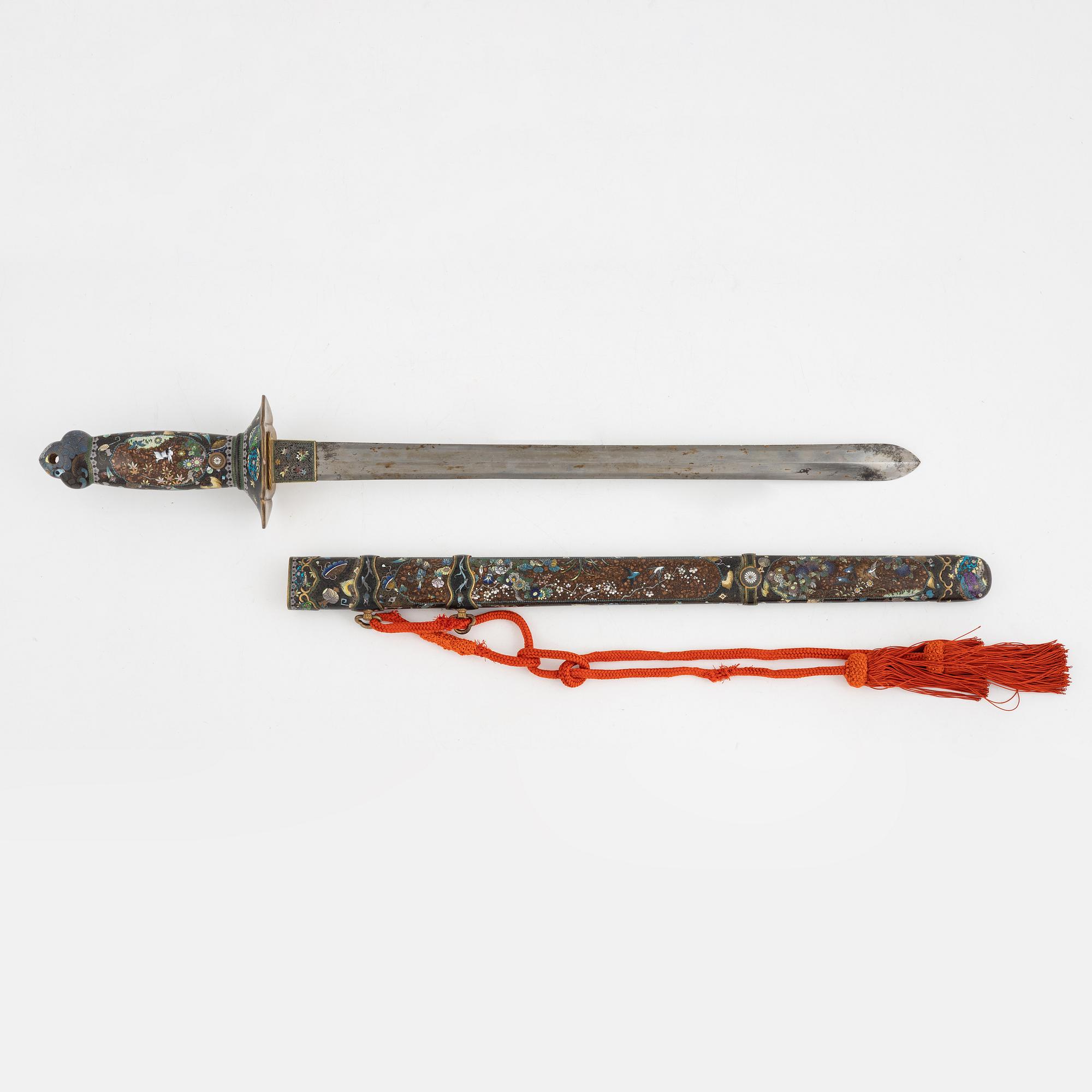 A japanese Ken-style sword with scabbard and handle in cloisonne with floral and animal motives, probably Meiji period.