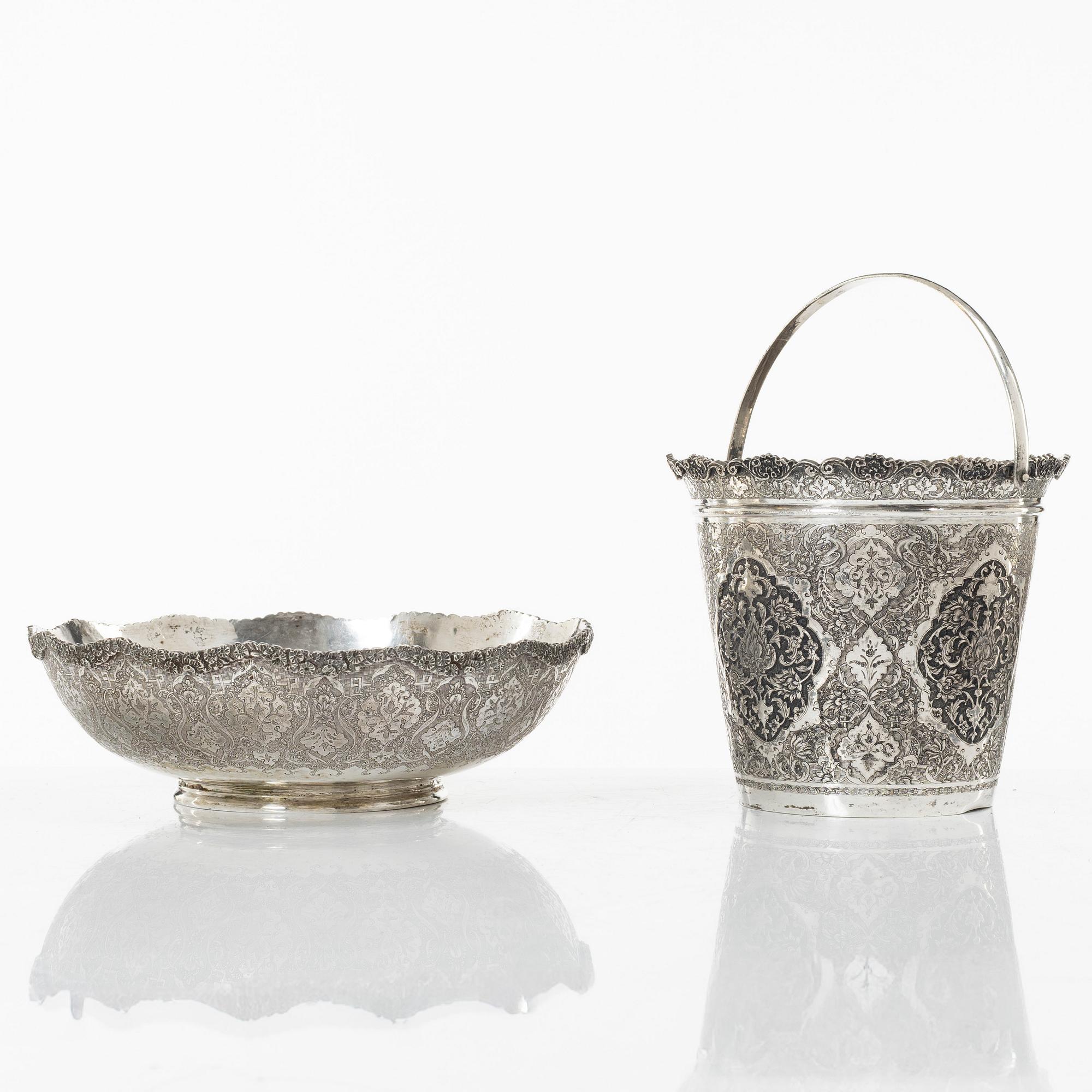 A Persian silver bowl and a silver bucket, 20th century.