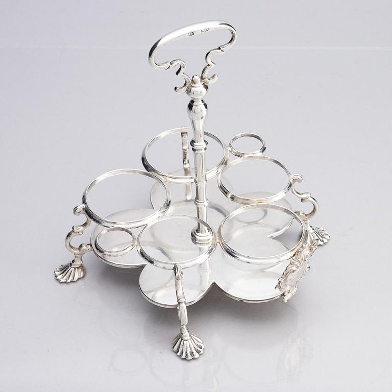 An English 18th century silver and glass cruet-set, mark of Jabez Daniel, London 1777 and possibly 1783.