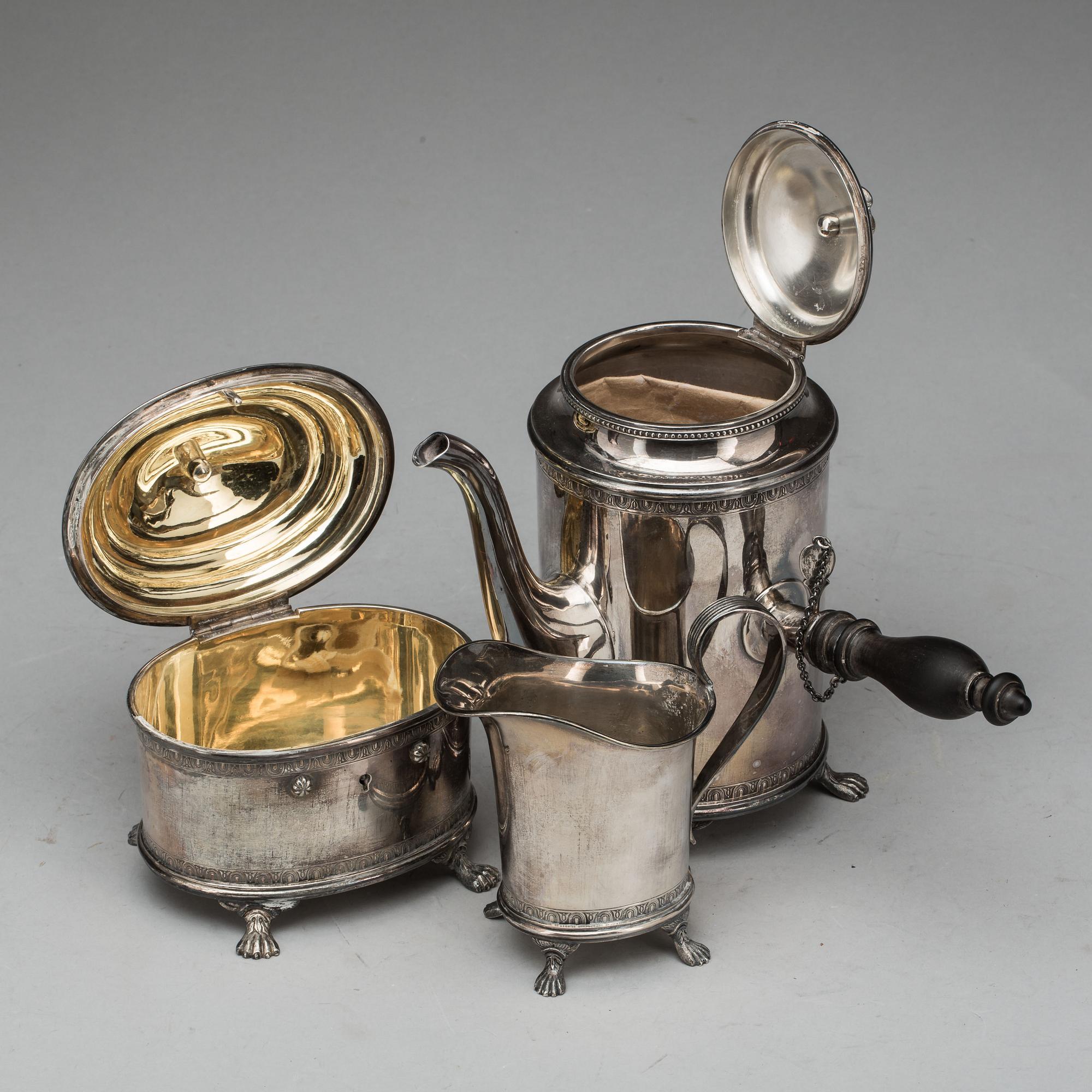 KAFFESERVIS, 3 delar silver, Eric Råström för RÅSTRÖM & CARLMAN, Stockholm,  1948. Vikt ca 1454 g.