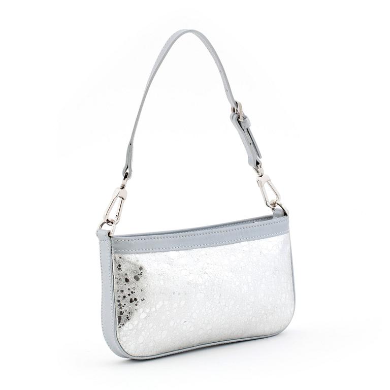 LONGCHAMP, a silver colored leather evening bag / pochette.