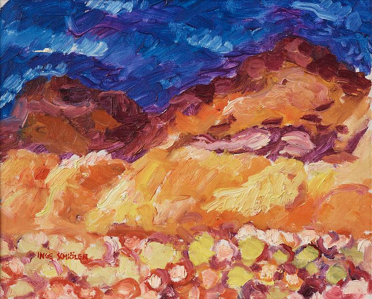 Inge Schiöler, Landscape under a dark blue sky.