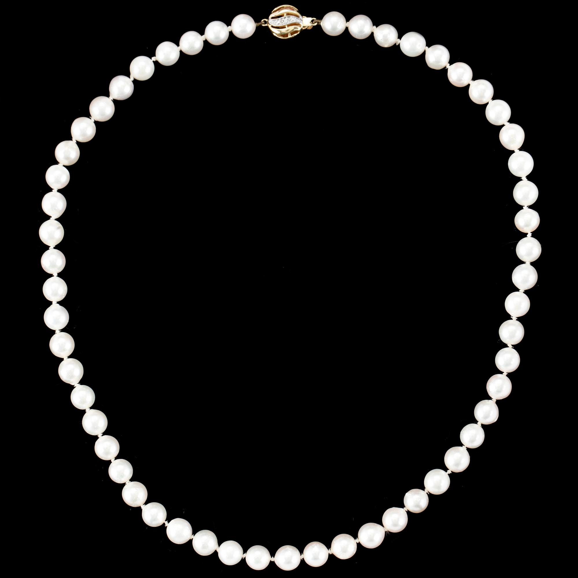 PÄRLCOLLIER, odlade saltvattenspärlor med lås i 18k guld, 1900-talets andra hälft.