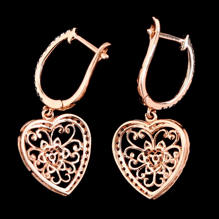 ÖRHÄNGEN, 18K roséguld, briljantslipade diamanter och roströda stenar.
