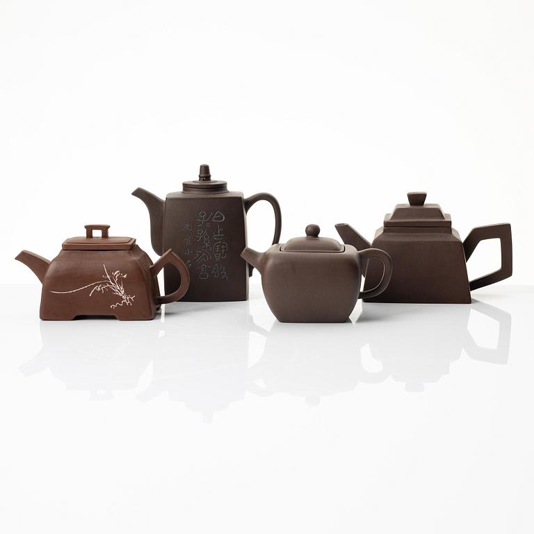 A group of four square yixing teapots, China, 1970/80s.