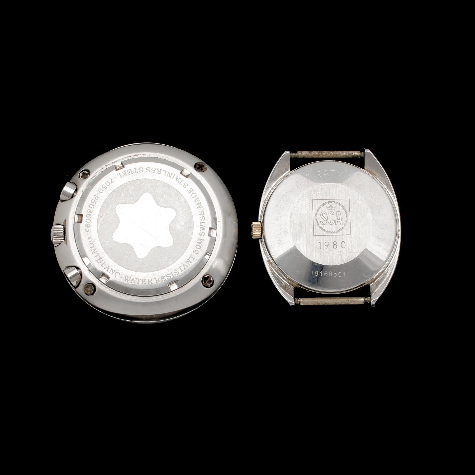 HERRARMBANDSUR, 2st, Longines Flagship, guld på stål. 1980 samt Montblanc 7050.