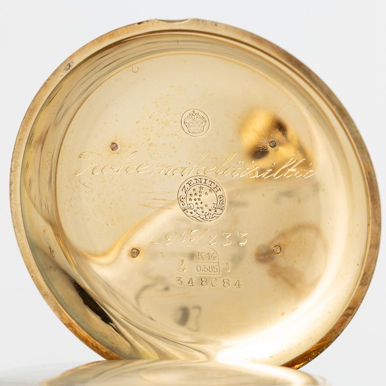 Zenith, pocket watch, 14K gold, hunter, with chain in 18K gold, 51.5 mm.