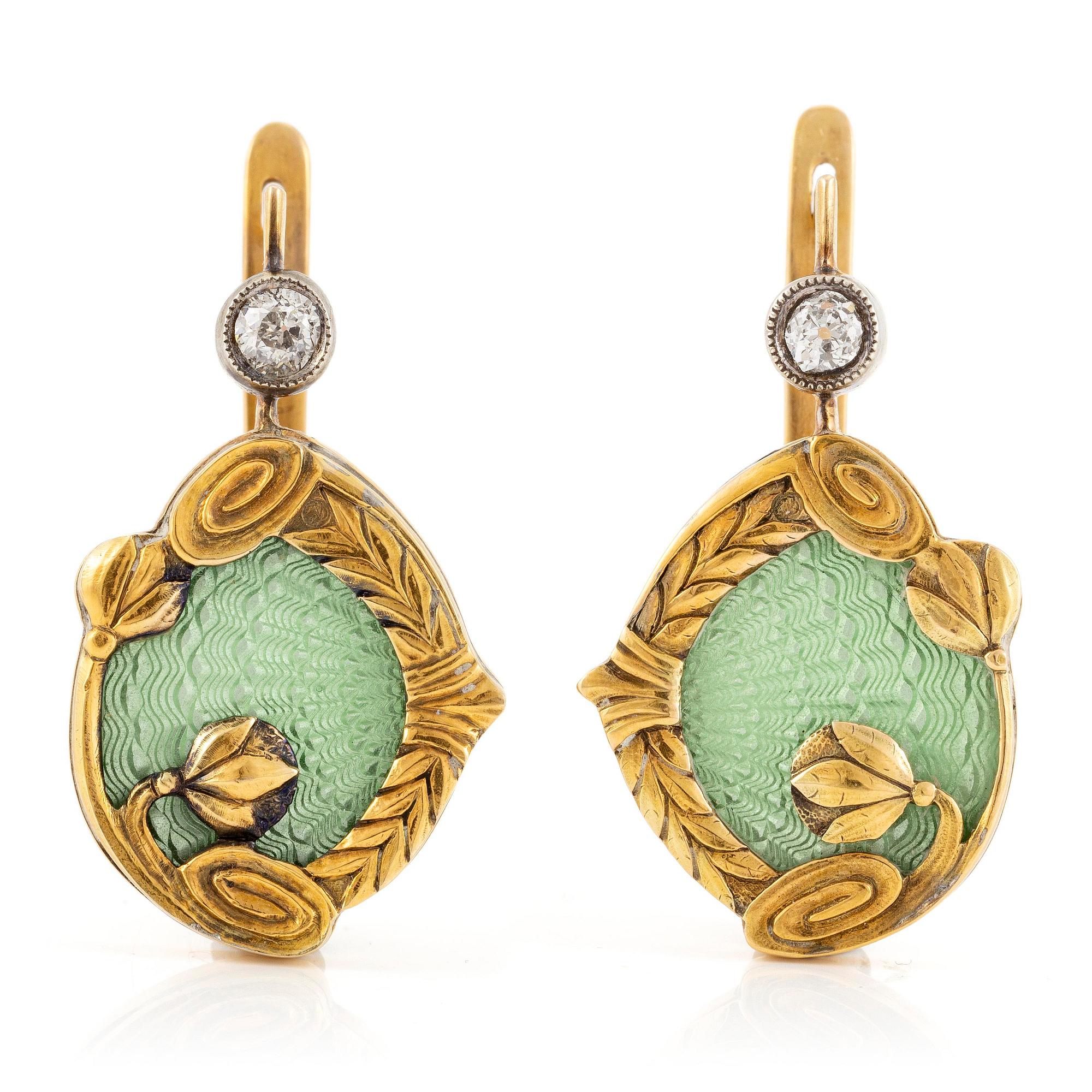 A pair of earrings 14K gold with green enamel and old-cut diamonds, St. Petersburg Russia, 1899-1908.