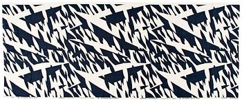 1078. TYGVÅD. "Delfinisk rörelse".  Handtryckt linne. 320,5 x 130,5 cm inkl. signaturer. Komponerad av Karl Axel Pehrson.