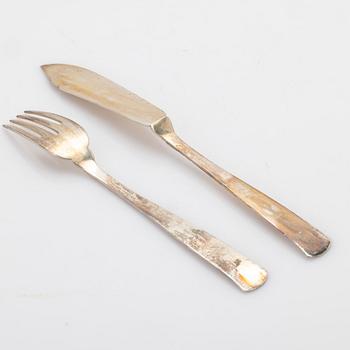 Jacob Ängman, fiskbestick, 24 delar, silver, modell Rosenholm, GAB, Stockholm, 1936.