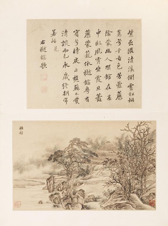 SAMLING med 12 MÅLNINGAR samt 12 + 4 KALLIGRAFIER. Qing dynasty, 1800-tal. Motiv med lärda män i landskap.