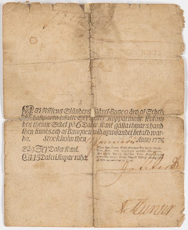 BANKSEDEL 1776/NUMISMATIKA, 1700/1800-tal.