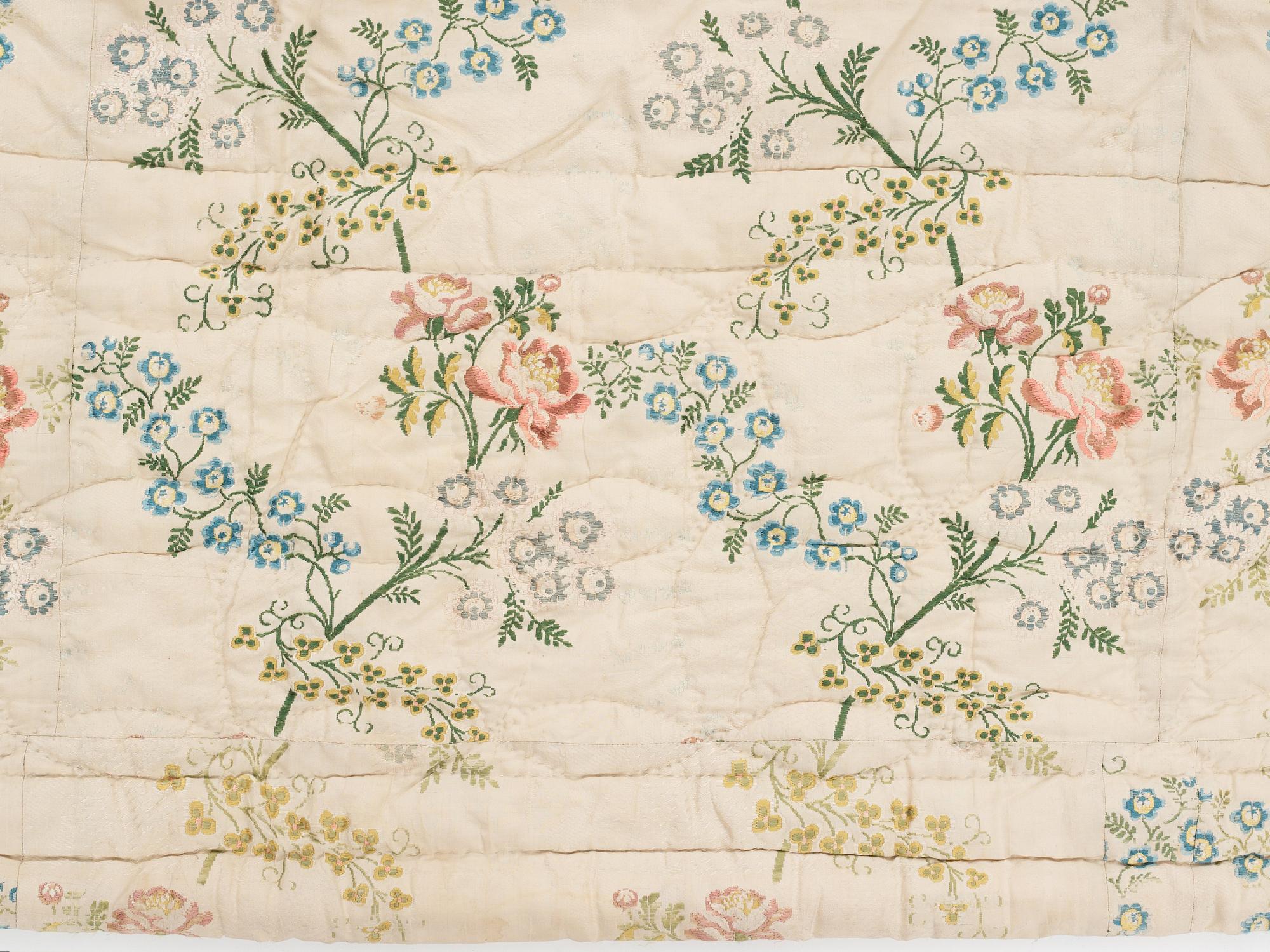 A SILK BED COVER, quilted, ca 192-193 x 164-170 cm, probably Sweden 18th century.