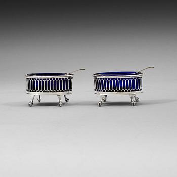 A pair of Swedish 18th century silver and blue glass salts, Sven Pihlgren, Jönköping 1798.