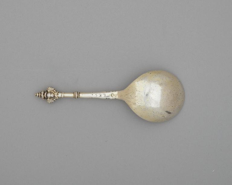 A Scandinavian 17th century silver-gilt spoon, unidentified makers mark.