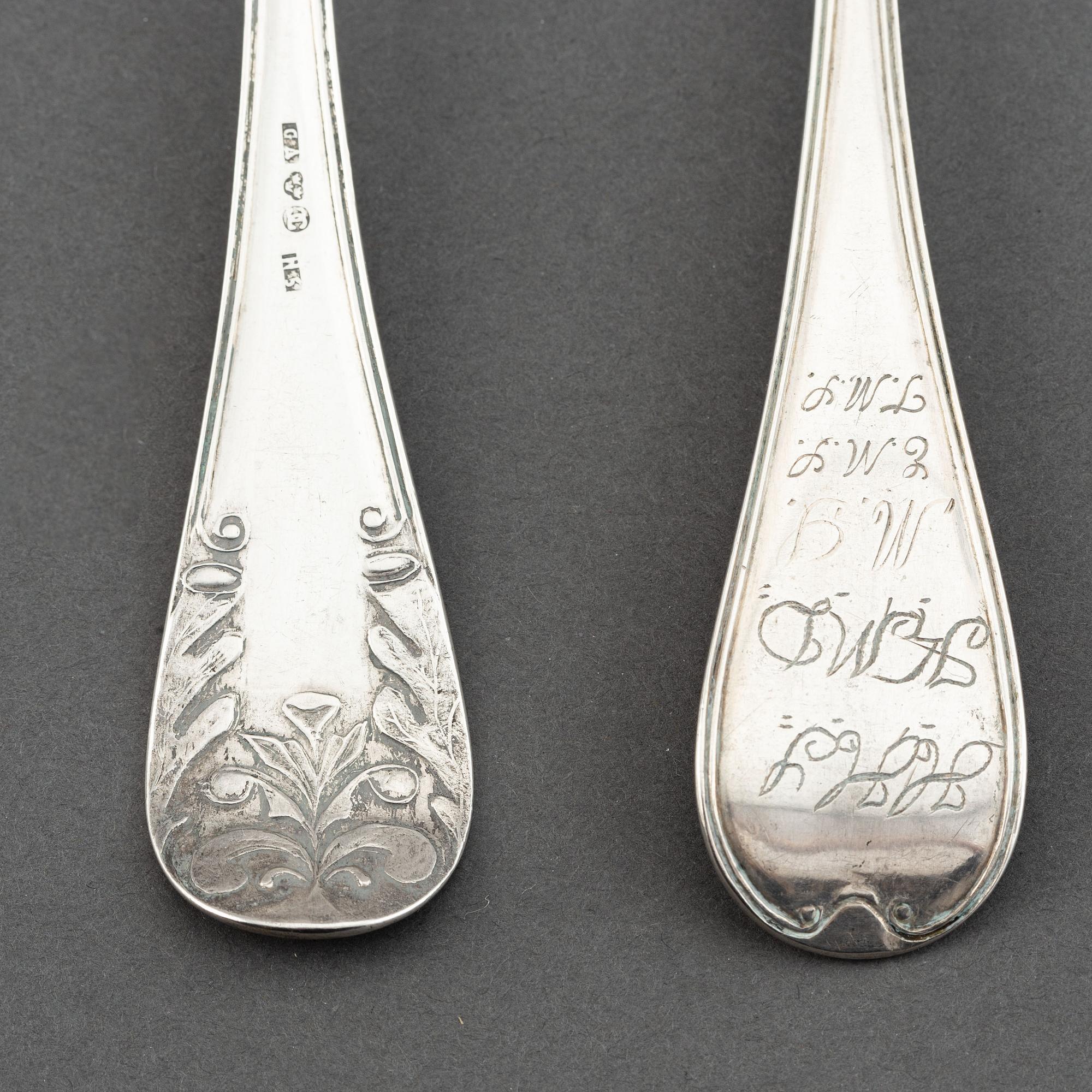 Gustaf Aulander, twelve Swedish silver spoons, Karlskrona, 1862.